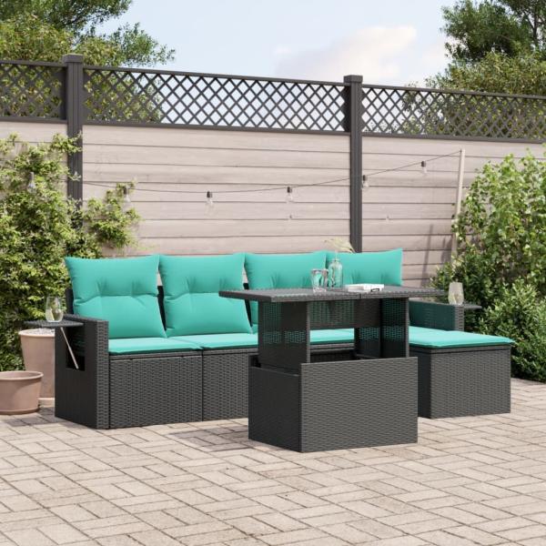ARDEBO.de - 6-teiliges Gartensofa-Set mit Kissen, schwarzes Polyrattan