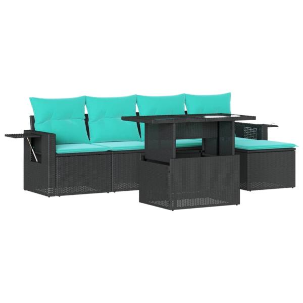 6-teiliges Gartensofa-Set mit Kissen, schwarzes Polyrattan