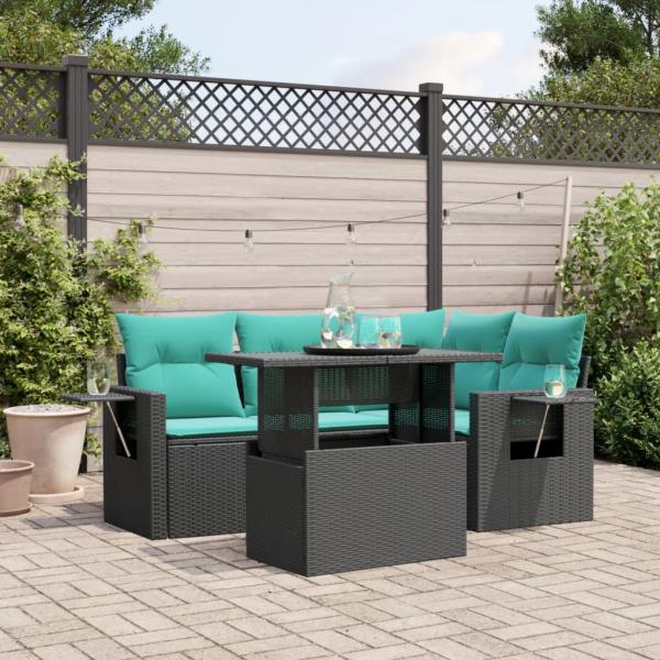 ARDEBO.de - 5-teiliges Gartensofa-Set mit Kissen, schwarzes Polyrattan