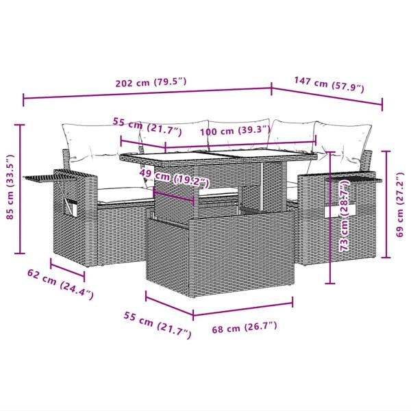 5-teiliges Gartensofa-Set mit Kissen, schwarzes Polyrattan