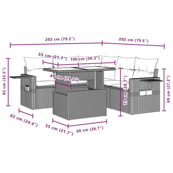 6-teiliges Gartensofa-Set mit Kissen, schwarzes Polyrattan