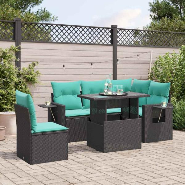 ARDEBO.de - 6-teiliges Gartensofa-Set mit Kissen, schwarzes Polyrattan