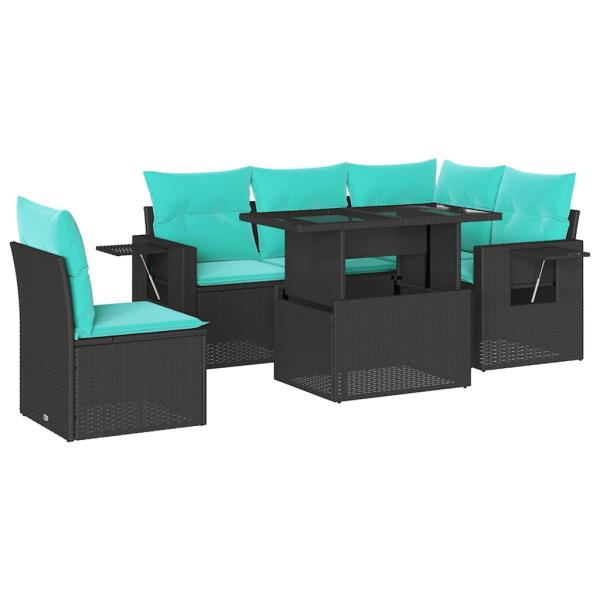 6-teiliges Gartensofa-Set mit Kissen, schwarzes Polyrattan