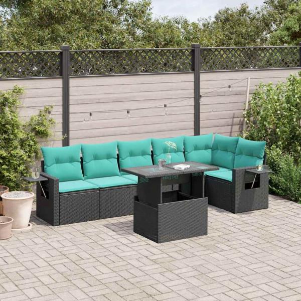 ARDEBO.de - 7-teiliges Gartensofa-Set mit Kissen, schwarzes Polyrattan
