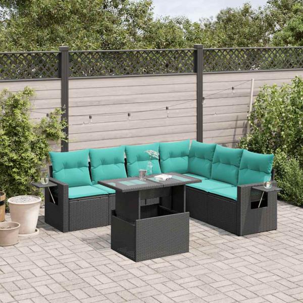 ARDEBO.de - 7-teiliges Gartensofa-Set mit Kissen, schwarzes Polyrattan