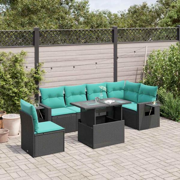 ARDEBO.de - 7-teiliges Gartensofa-Set mit Kissen, schwarzes Polyrattan