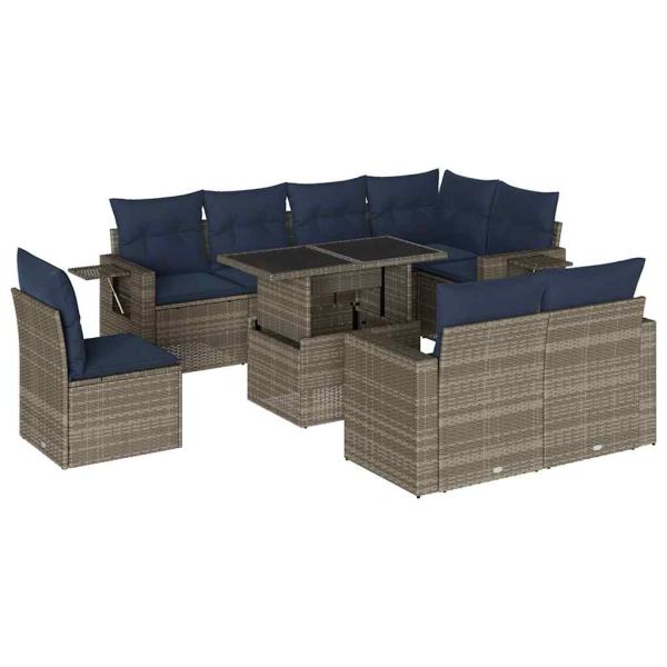 9-teiliges Gartensofa-Set mit Kissen, grau, Polyrattan