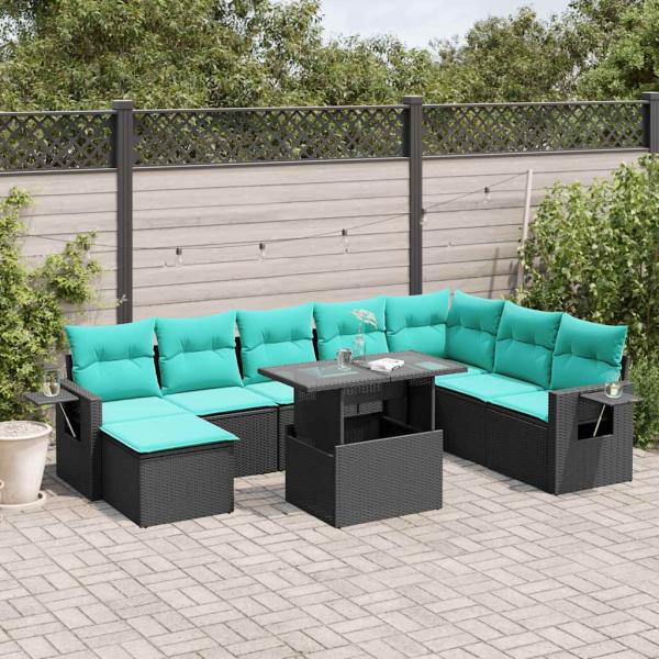 ARDEBO.de - 9-teiliges Gartensofa-Set mit Kissen, schwarzes Polyrattan