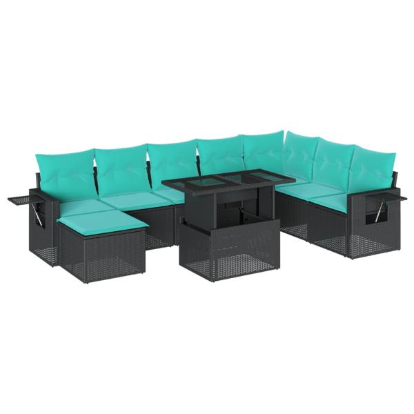 9-teiliges Gartensofa-Set mit Kissen, schwarzes Polyrattan