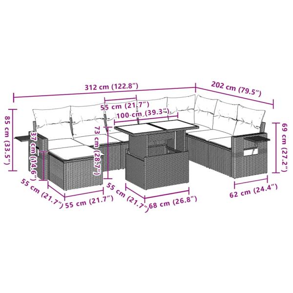 ARDEBO.de - 9-teiliges Gartensofa-Set mit Kissen, grau, Polyrattan