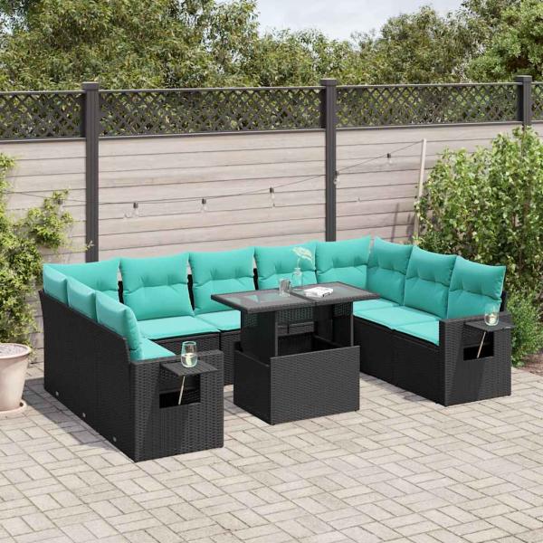 ARDEBO.de - 10-teiliges Gartensofa-Set mit Kissen, schwarzes Polyrattan