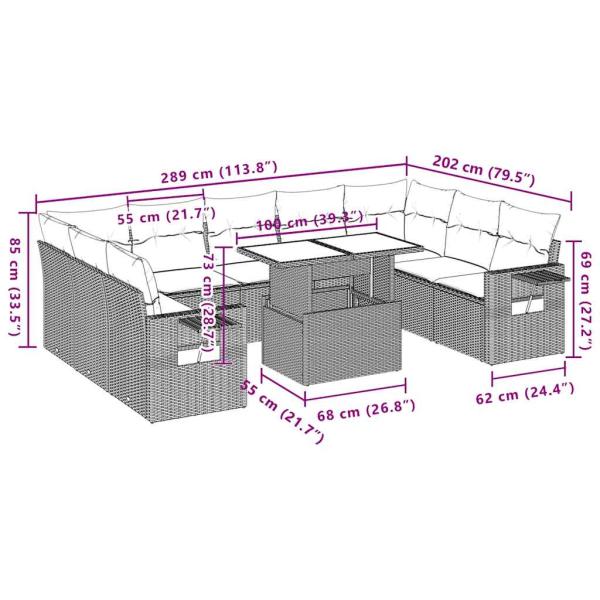 10-teiliges Gartensofa-Set mit Kissen, schwarzes Polyrattan