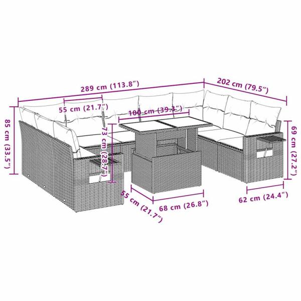 10-teiliges Gartensofa-Set mit Kissen, braun, Polyrattan