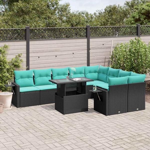 ARDEBO.de - 10-teiliges Gartensofa-Set mit Kissen, schwarzes Polyrattan