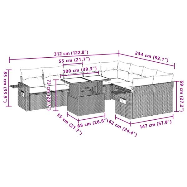 10-teiliges Gartensofa-Set mit Kissen, schwarzes Polyrattan