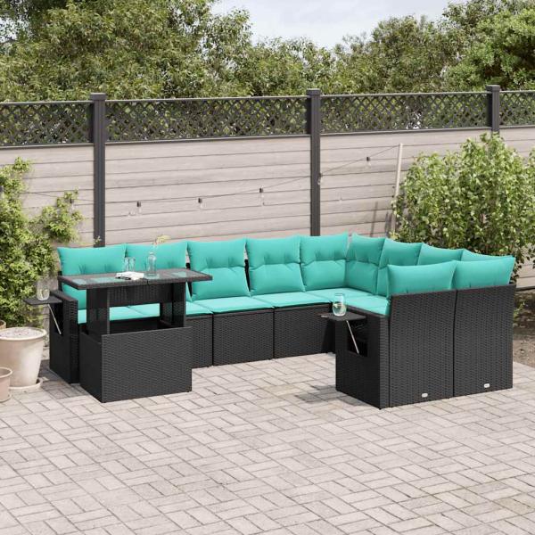 ARDEBO.de - 10-teiliges Gartensofa-Set mit Kissen, schwarzes Polyrattan