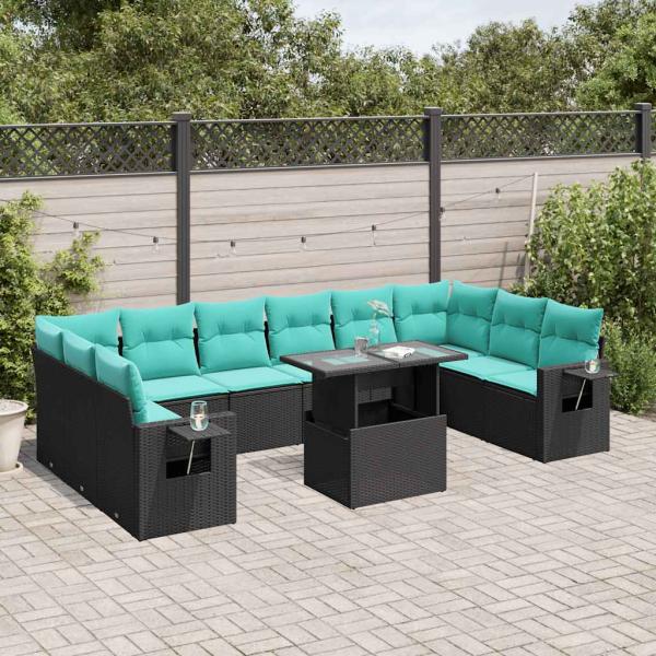 ARDEBO.de - 11-teiliges Gartensofa-Set mit Kissen, schwarzes Polyrattan