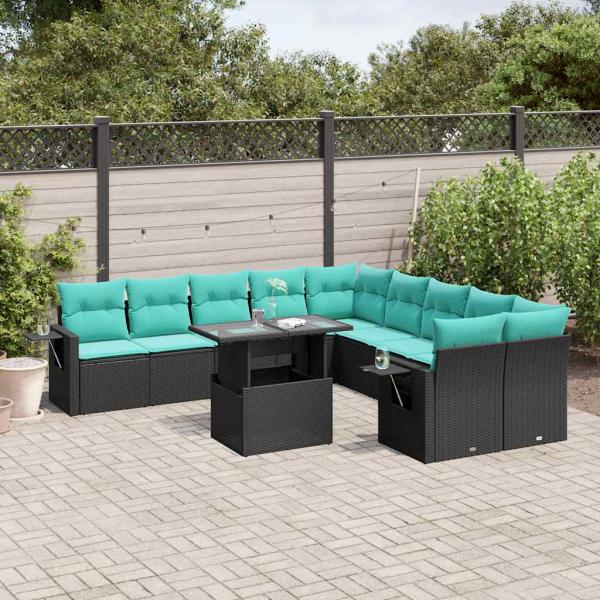 ARDEBO.de - 11-teiliges Gartensofa-Set mit Kissen, schwarzes Polyrattan
