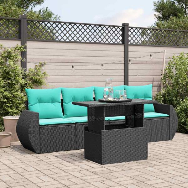 ARDEBO.de - 5-teiliges Gartensofa-Set mit Kissen, schwarzes Polyrattan