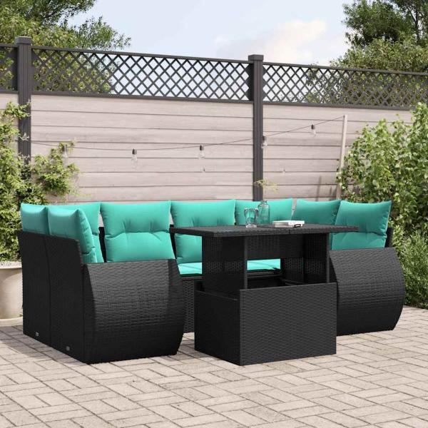 ARDEBO.de - 7-teiliges Gartensofa-Set mit Kissen, schwarzes Polyrattan