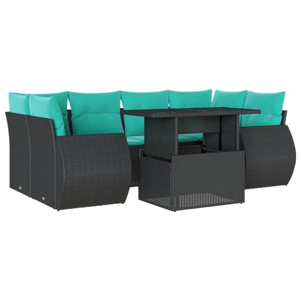 7-teiliges Gartensofa-Set mit Kissen, schwarzes Polyrattan