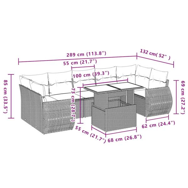 8-teiliges Gartensofa-Set mit Kissen, schwarzes Polyrattan