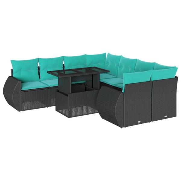 9-teiliges Gartensofa-Set mit Kissen, schwarzes Polyrattan
