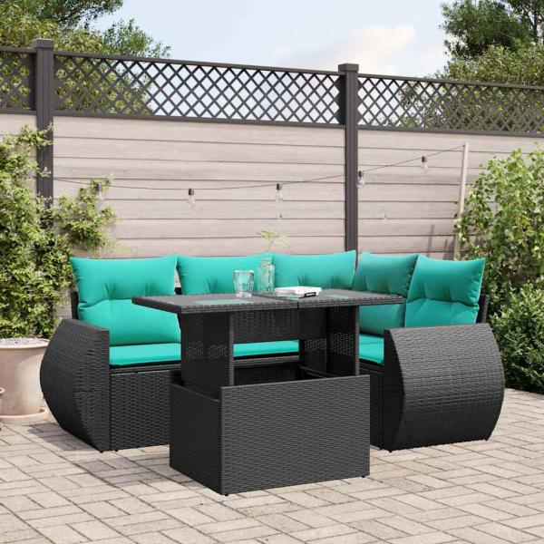 ARDEBO.de - 5-teiliges Gartensofa-Set mit Kissen, schwarzes Polyrattan