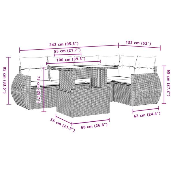 6-teiliges Gartensofa-Set mit Kissen, schwarzes Polyrattan