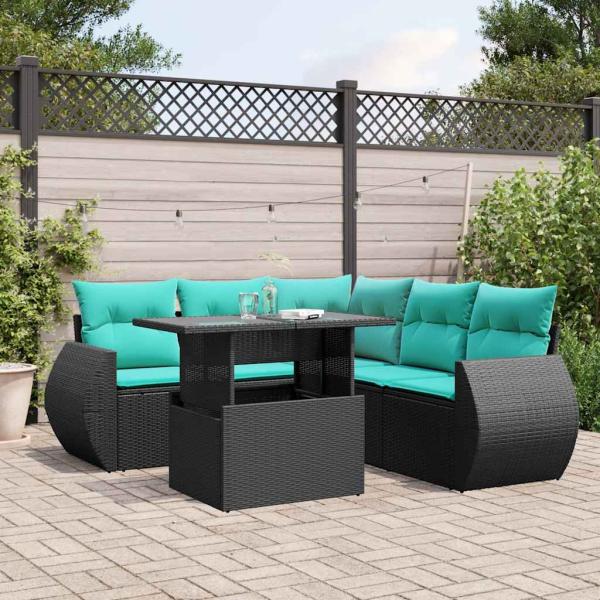 ARDEBO.de - 6-teiliges Gartensofa-Set mit Kissen, schwarzes Polyrattan