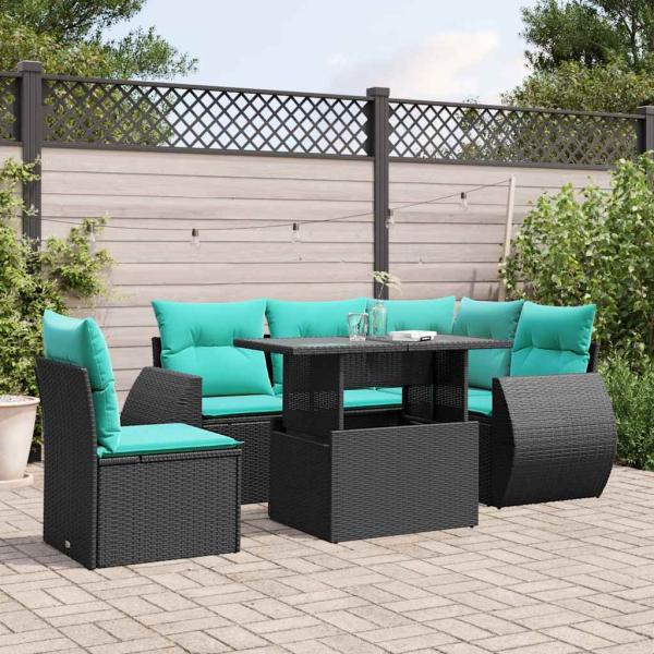 ARDEBO.de - 6-teiliges Gartensofa-Set mit Kissen, schwarzes Polyrattan
