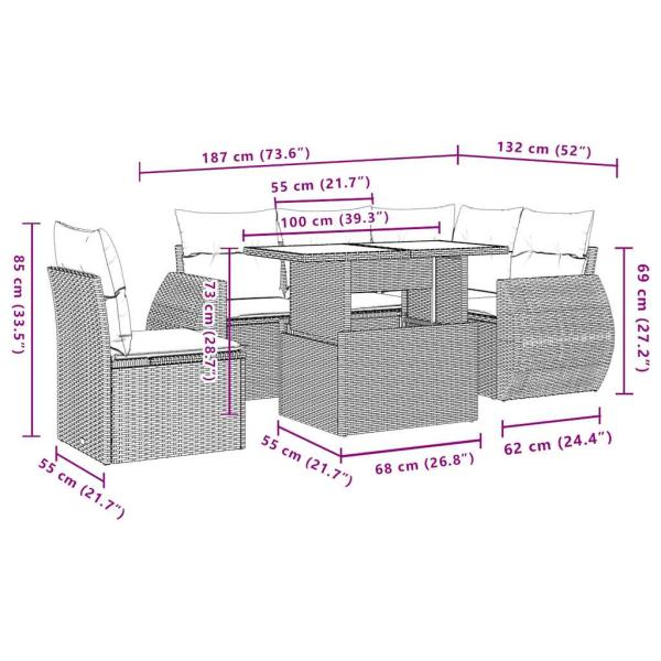 6-teiliges Gartensofa-Set mit Kissen, braun, Polyrattan