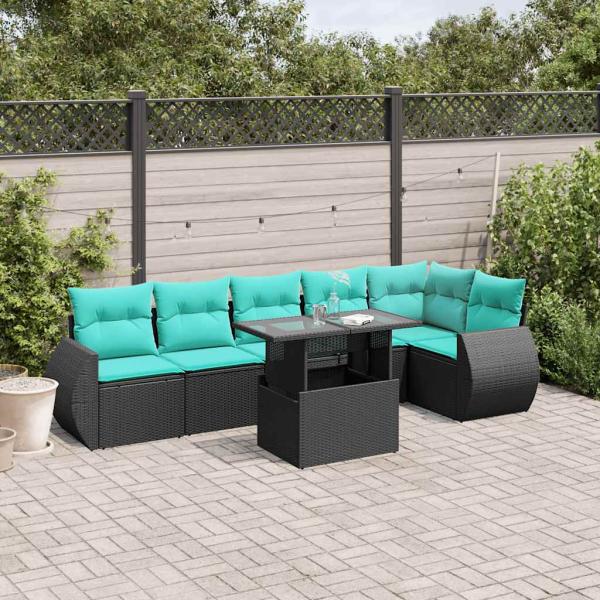 ARDEBO.de - 7-teiliges Gartensofa-Set mit Kissen, schwarzes Polyrattan