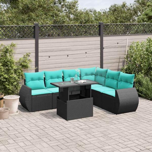 ARDEBO.de - 7-teiliges Gartensofa-Set mit Kissen, schwarzes Polyrattan