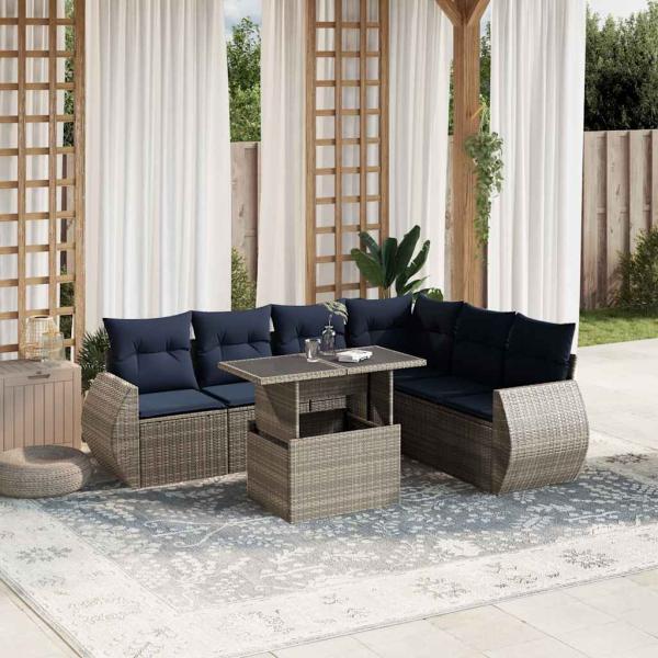 ARDEBO.de - 7-teiliges Gartensofa-Set mit Kissen, grau, Polyrattan