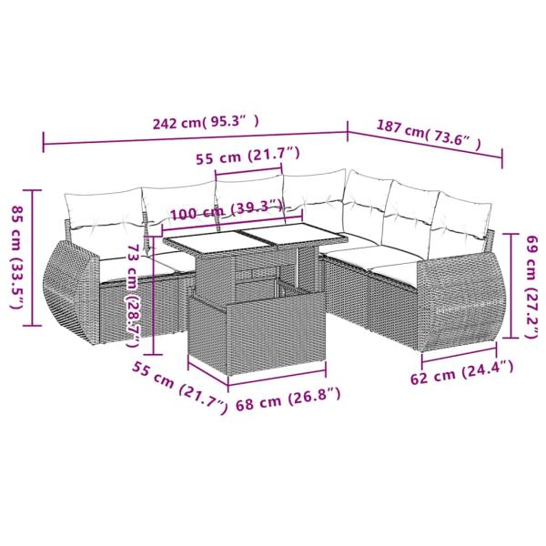 7-teiliges Gartensofa-Set mit Kissen, grau, Polyrattan