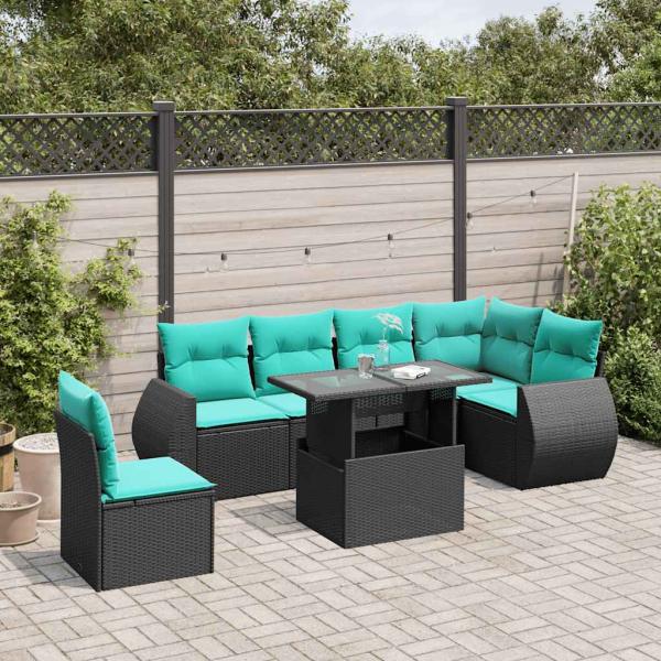 ARDEBO.de - 7-teiliges Gartensofa-Set mit Kissen, schwarzes Polyrattan