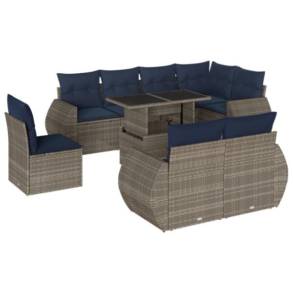 9-teiliges Gartensofa-Set mit Kissen, grau, Polyrattan