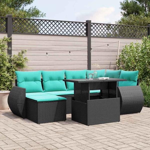 ARDEBO.de - 7-teiliges Gartensofa-Set mit Kissen, schwarzes Polyrattan