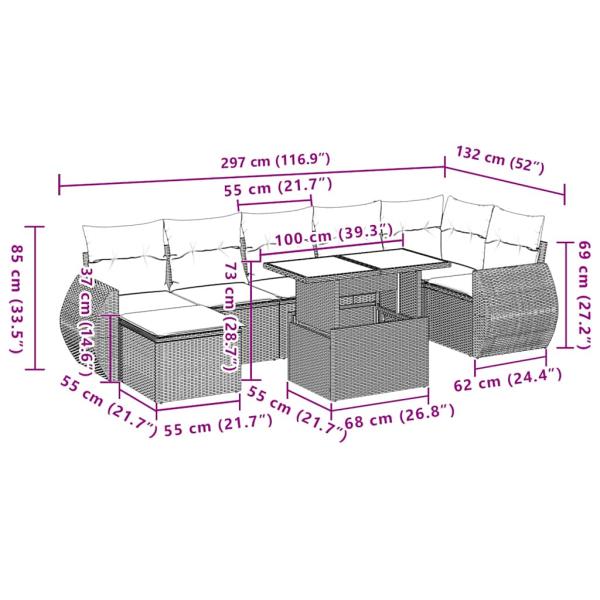 8-teiliges Gartensofa-Set mit Kissen, schwarzes Polyrattan