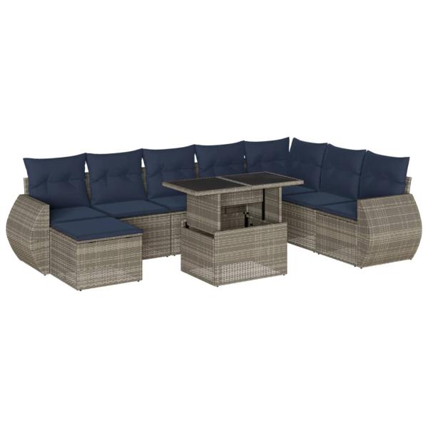 9-teiliges Gartensofa-Set mit Kissen, grau, Polyrattan