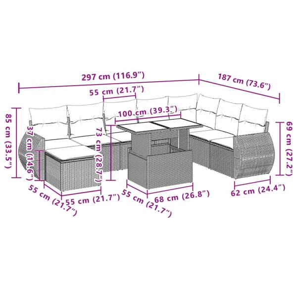 10-teiliges Gartensofa-Set mit Kissen, schwarzes Polyrattan