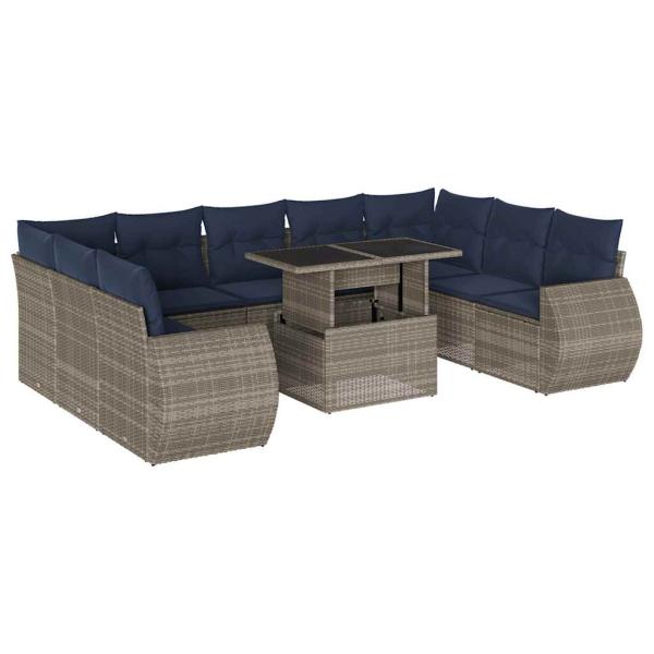 10-teiliges Gartensofa-Set mit Kissen, grau, Polyrattan