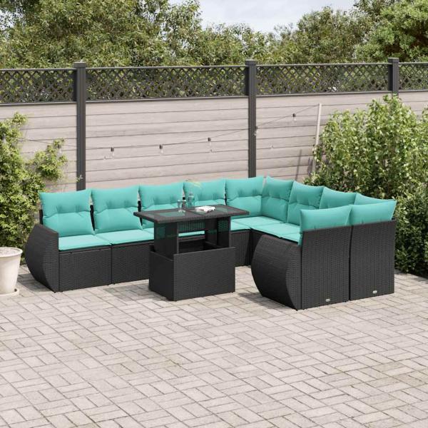 ARDEBO.de - 10-teiliges Gartensofa-Set mit Kissen, schwarzes Polyrattan