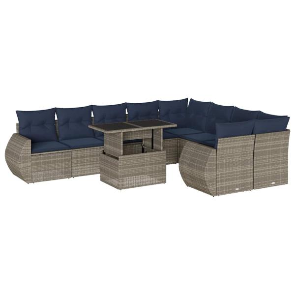 10-teiliges Gartensofa-Set mit Kissen, grau, Polyrattan