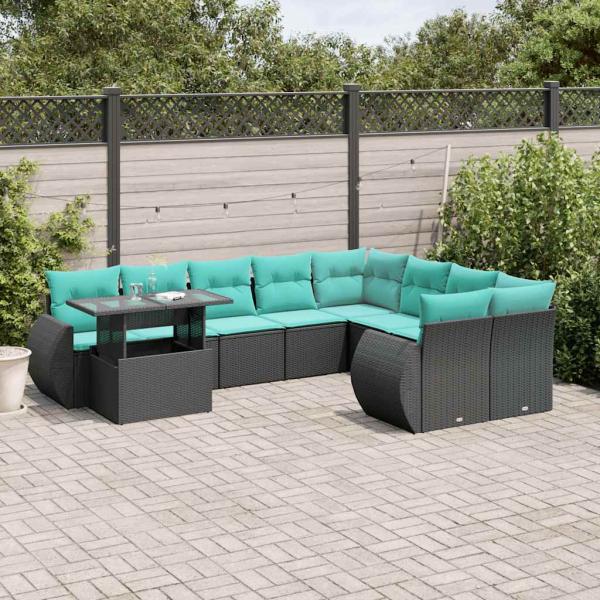 ARDEBO.de - 10-teiliges Gartensofa-Set mit Kissen, schwarzes Polyrattan