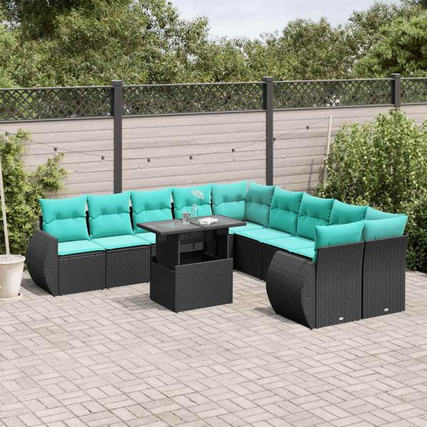 ARDEBO.de - 11-teiliges Gartensofa-Set mit Kissen, schwarzes Polyrattan