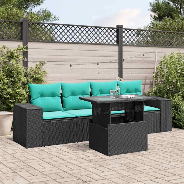 ARDEBO.de - 5-teiliges Gartensofa-Set mit Kissen, schwarzes Polyrattan