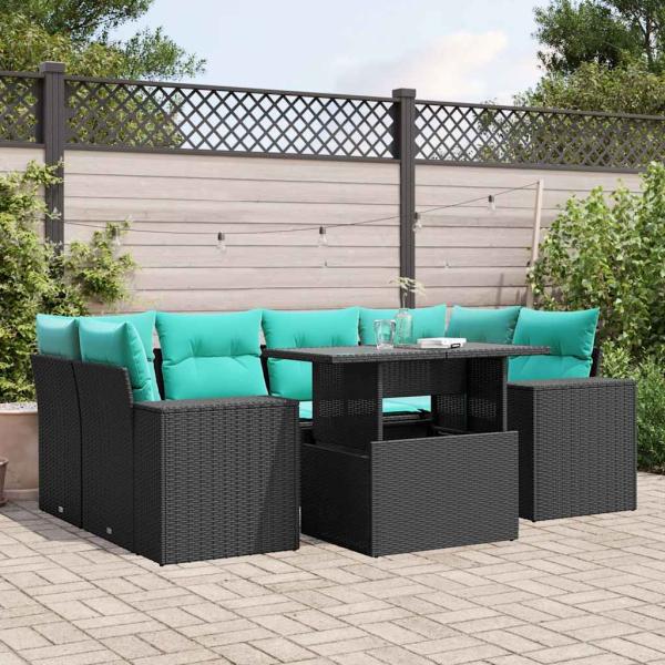 ARDEBO.de - 7-teiliges Gartensofa-Set mit Kissen, schwarzes Polyrattan