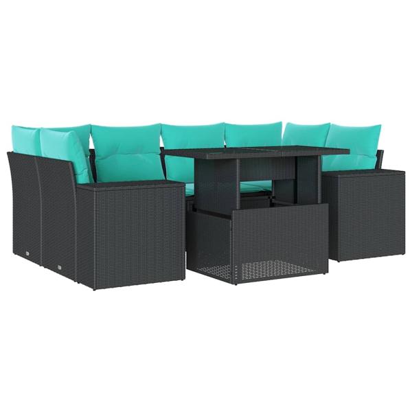 7-teiliges Gartensofa-Set mit Kissen, schwarzes Polyrattan